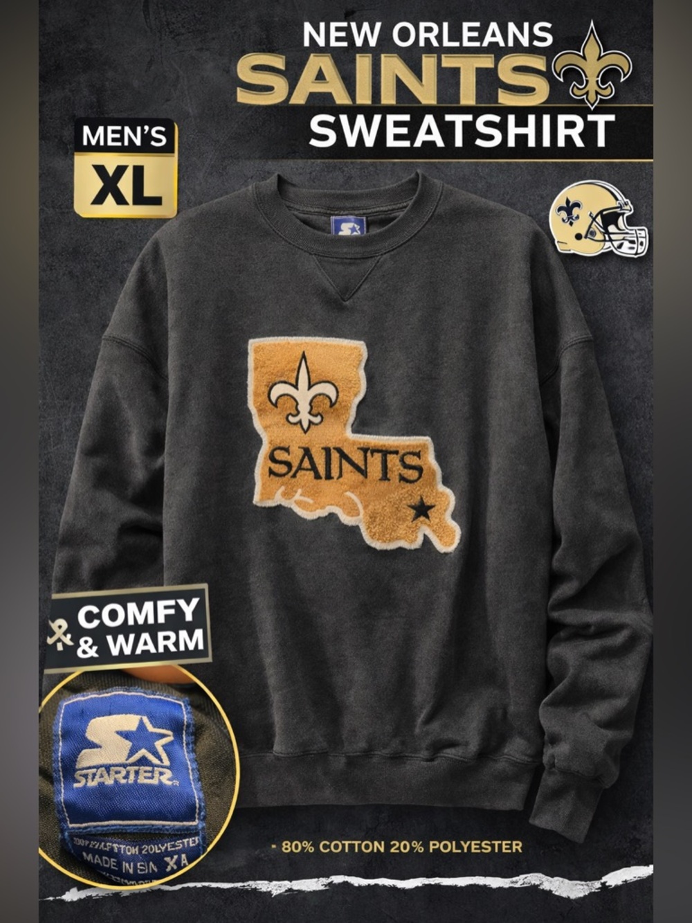 Vintage saints embroidered STARTER Black Men’s Crewneck Sweatshirt - XL